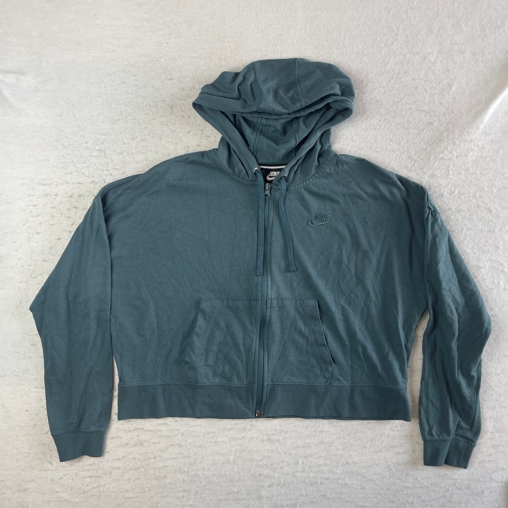 Nike Full Zip Hoodie Womens Medium Blue Green Cropped Lightweight Jersey